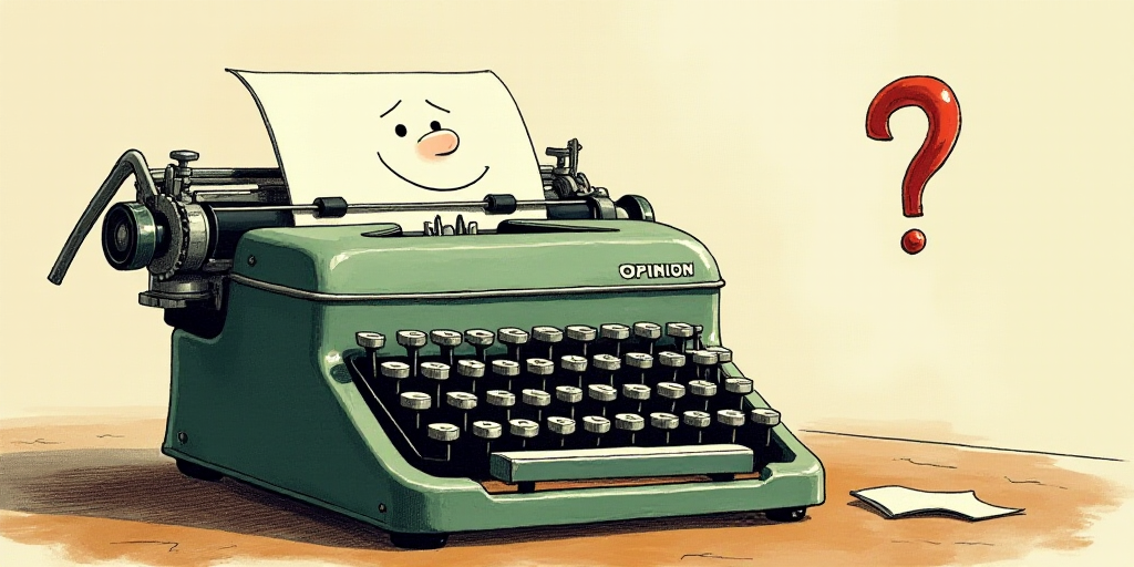 a typewriter with a face drawn on it and a caption for the words opinion and a question, Edward Otho