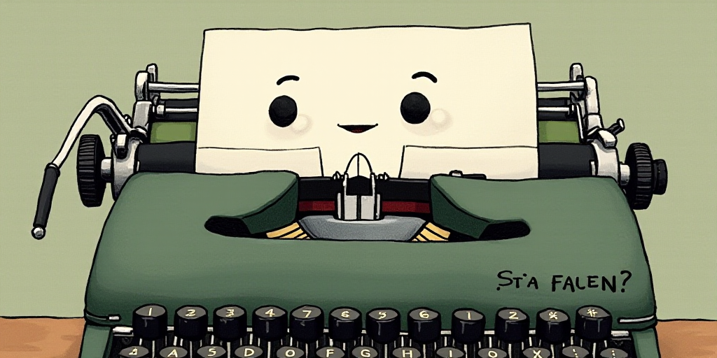 a typewriter with a face drawn on it and a caption for the words opinion and a question, Edward Otho
