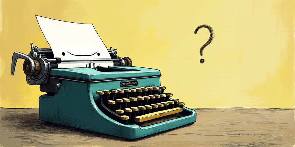 a typewriter with a face drawn on it and a caption for the words opinion and a question, Edward Otho