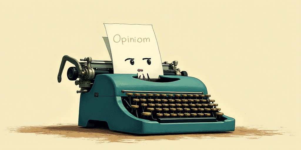 a typewriter with a face drawn on it and a caption for the words opinion and a question, Edward Otho