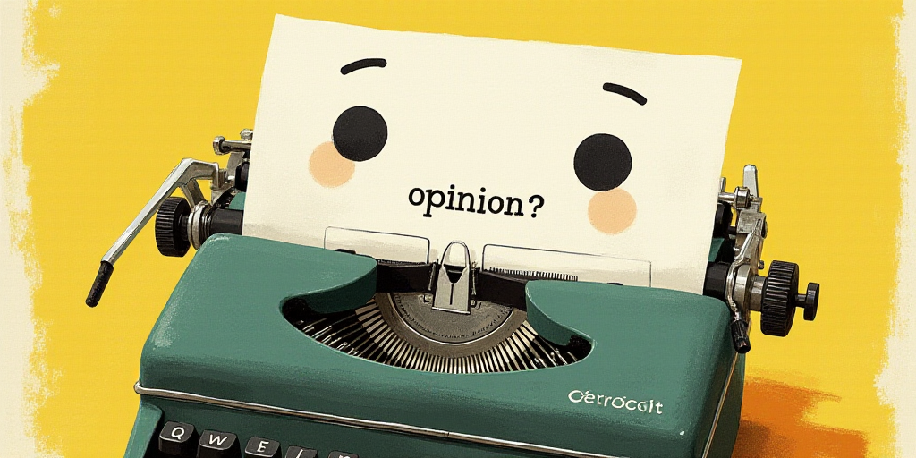 a typewriter with a face drawn on it and a caption for the words opinion and a question, Edward Otho