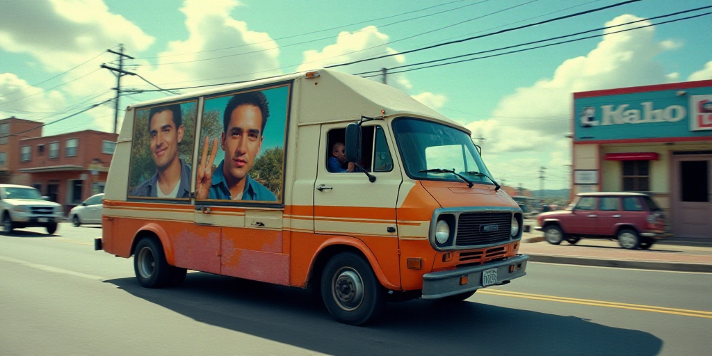 a van with a poster of a man on it's side is driving down a street with other vehicles, Estuardo Mal