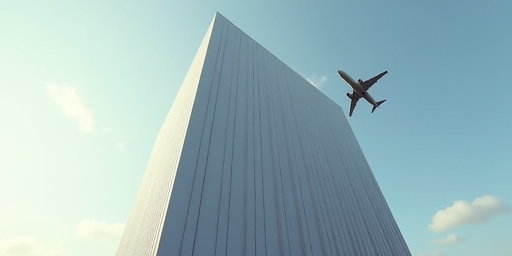 a very tall building with a very large sign on it's side and a plane flying by it, Caspar Wolf, shar