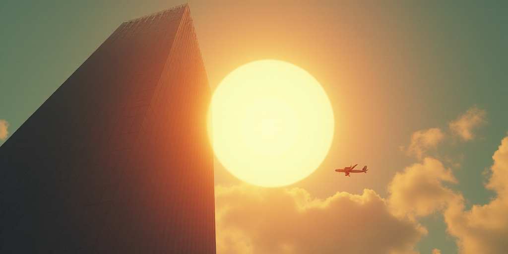 a very tall building with a very bright sun in the background and a plane flying in the sky above, E