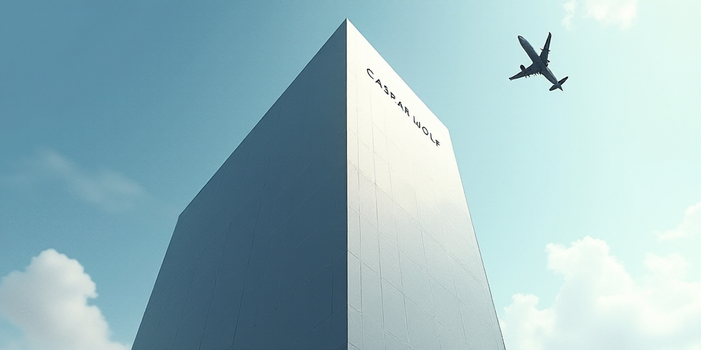 a very tall building with a very large sign on it's side and a plane flying by it, Caspar Wolf, shar