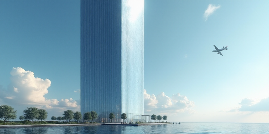 a very tall building with a very tall glass front and a sky scraper in the background with a plane f