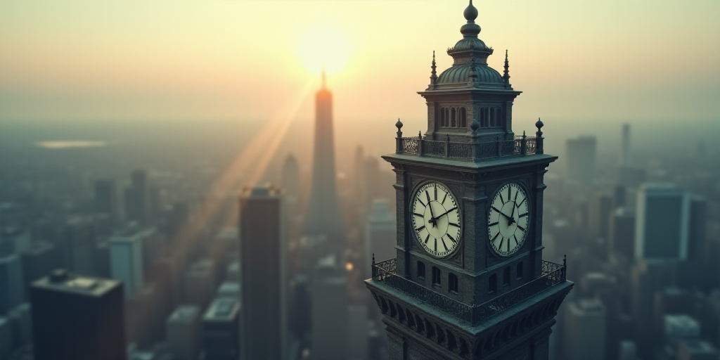 a view of a city from a high rise building with a clock tower in the foreground and a large clock on