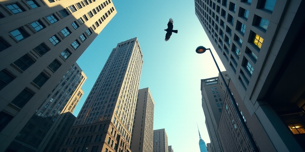 a view of a city street with tall buildings and a street light in the foreground and a bird flying o