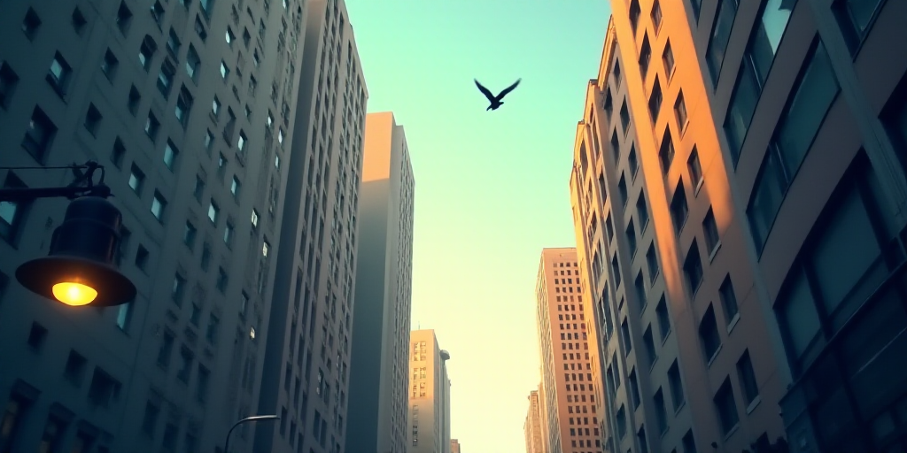 a view of a city street with tall buildings and a street light in the foreground and a bird flying o
