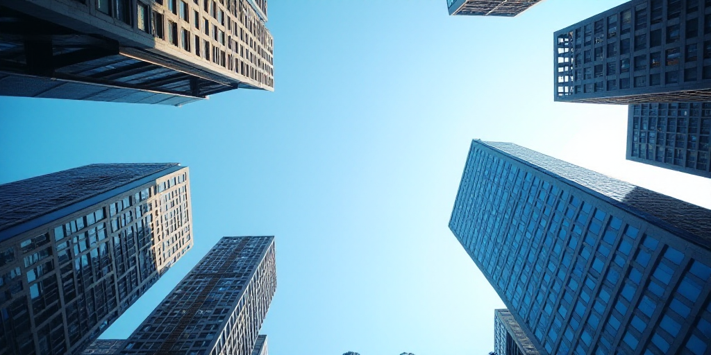 a view of a city with tall buildings and a blue sky in the background, looking up at the sky, Enguer