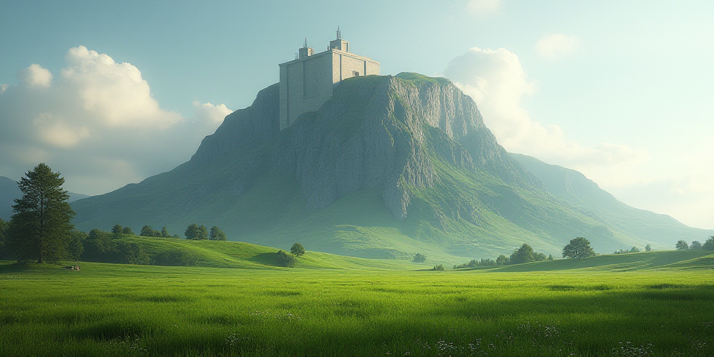 a view of a mountain with a large building on top of it and a green field below it with a mountain i