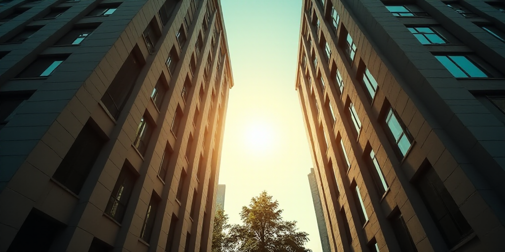 a view of two tall buildings from below, with a sun shining through the windows of the building and