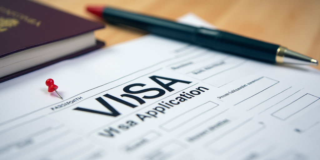 a visa application and a pen on top of a passport and a pen on top of it with a red pin, Ahmed Yacou
