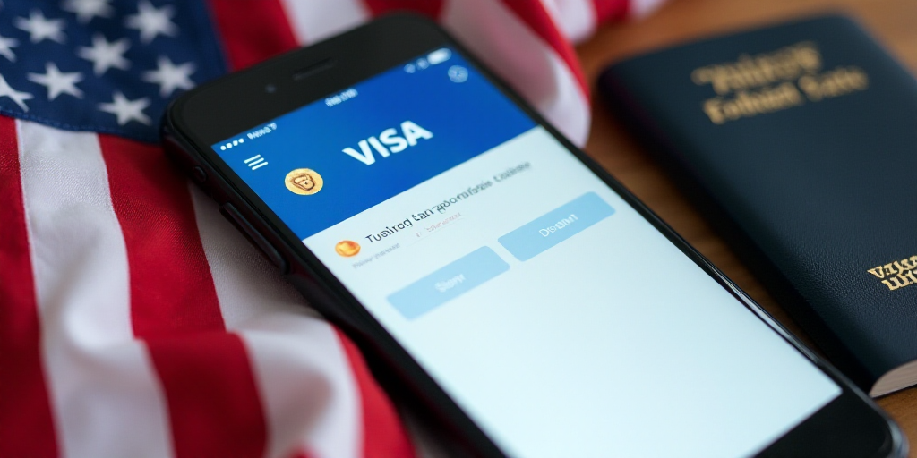 a visa application on a phone next to a passport and a flag of the united states of america,, Aquira