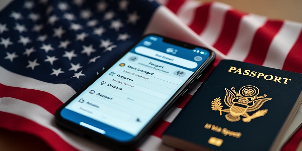 a visa application on a phone next to a passport and a flag of the united states of america,, Aquira