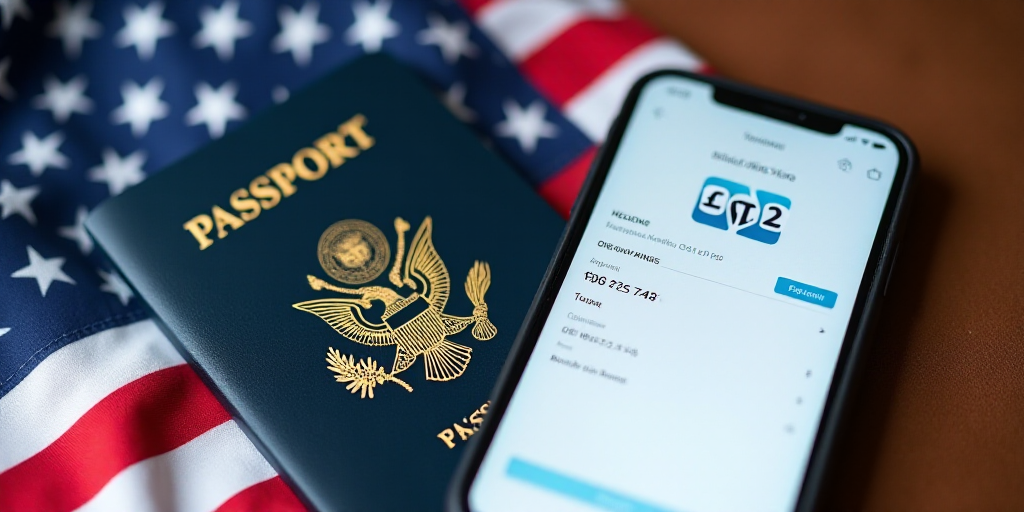 a visa application on a phone next to a passport and a flag of the united states of america,, Aquira