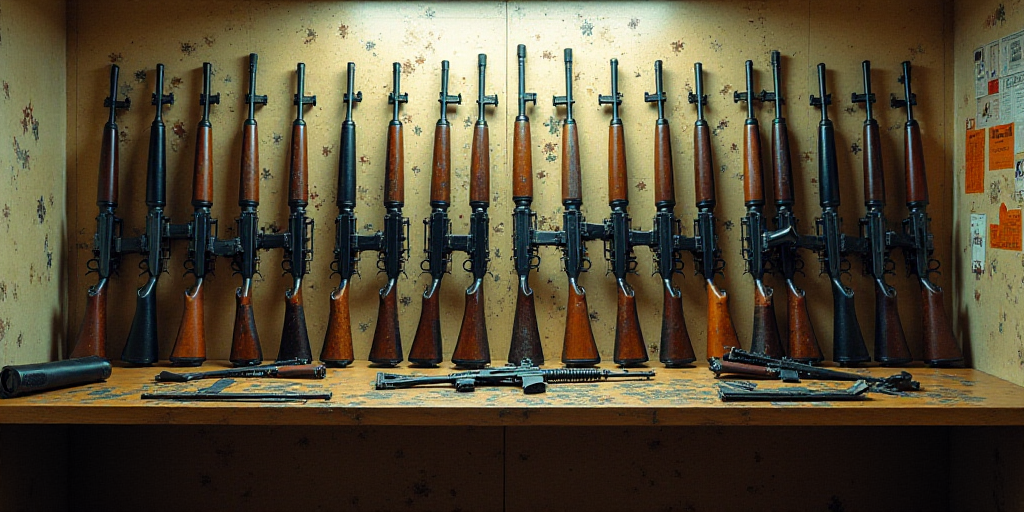 a wall with a bunch of guns on it and a bunch of guns hanging on the wall behind them, Andries Stock