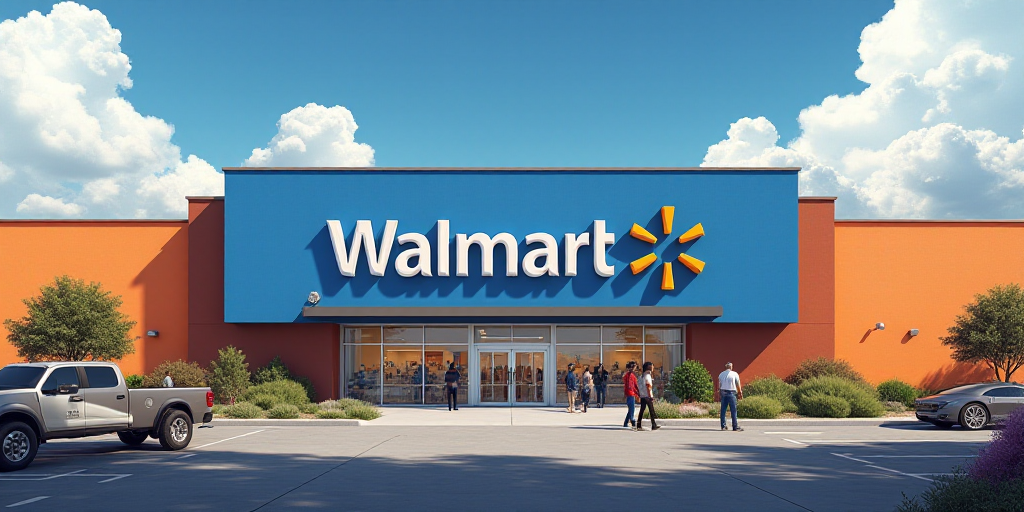 a walmart store with people walking around it and a sign that says walmart on the wall above the ent