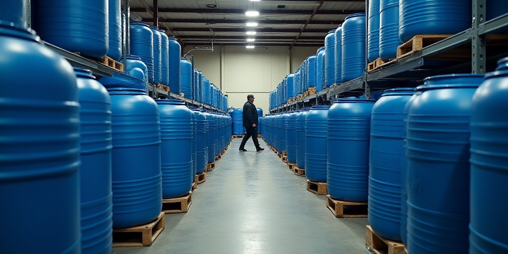 a warehouse filled with blue plastic barrels and pallets of water in it's center aisles and a man in