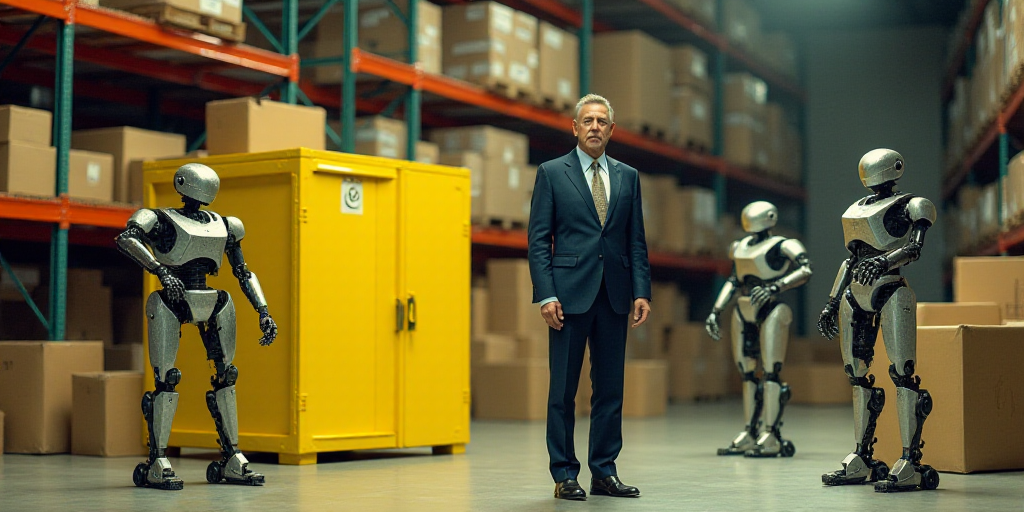 a warehouse with a yellow sign and boxes on the floor and a man in a suit and tie standing in front