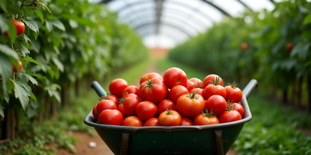 a wheelbarrow full of tomatoes in a greenhouse with green leaves and tomatoes growing on the vine to