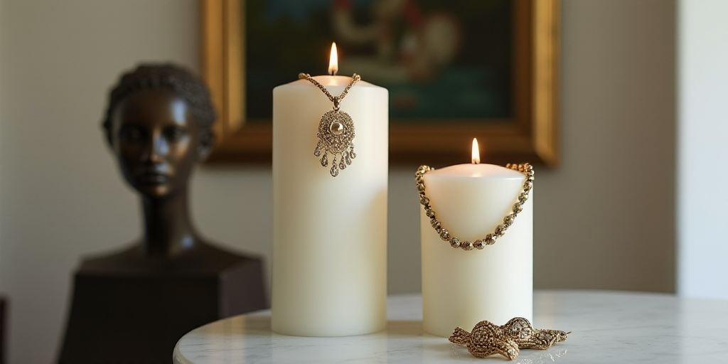 a white candle with a necklace on it sitting on a table next to a wall with a painting on it, Daphne