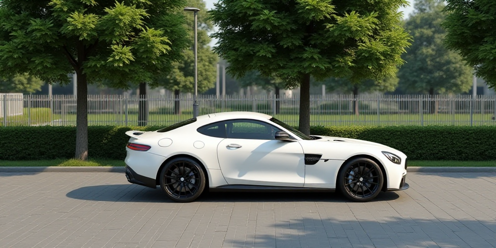 a white car parked in a parking lot next to trees and bushes in a park area with a fence, Cornelisz