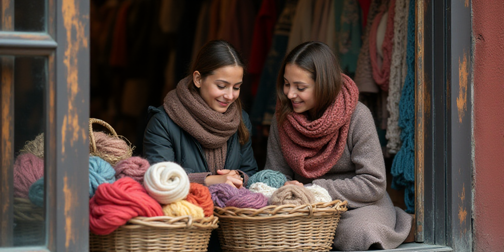 a woman and a girl are looking at a basket of wool in a store window display of scarves, Ceferí Oli