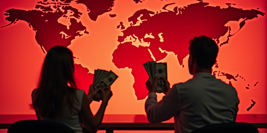 a woman and a man are sitting in front of a red background with a map of the world and a woman is ho