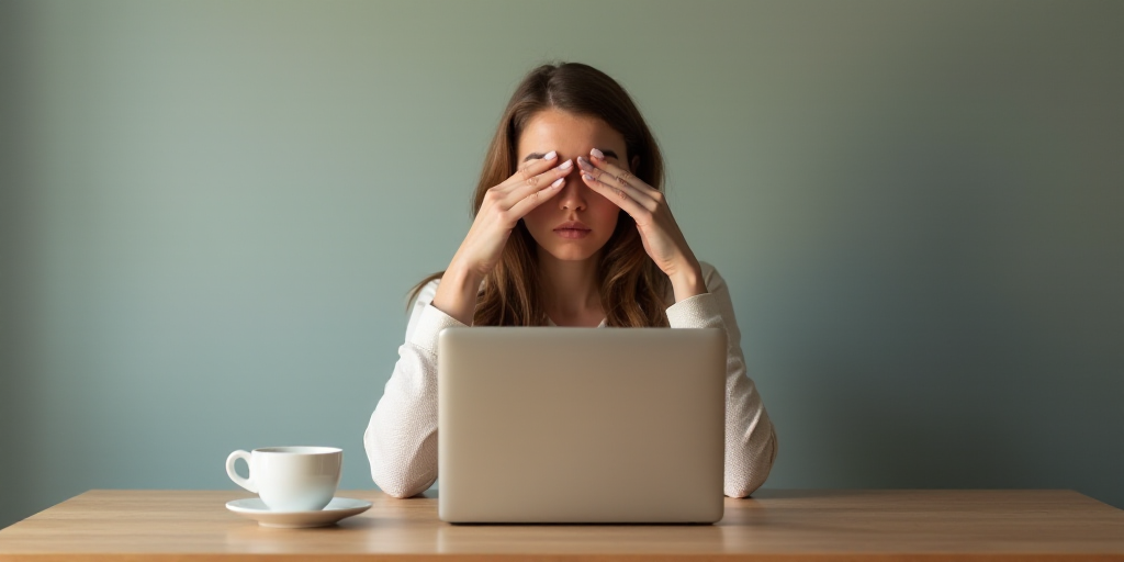 a woman covering her eyes while sitting at a desk with a laptop computer and a cup of coffee in fron