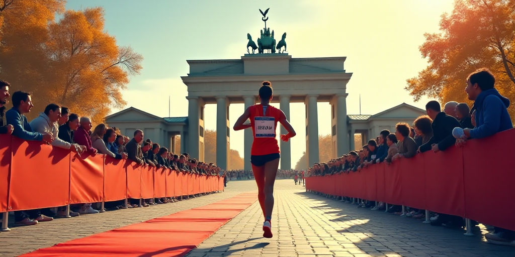 a woman crosses the finish line at a marathon in front of a crowd of people and a statue of a buildi