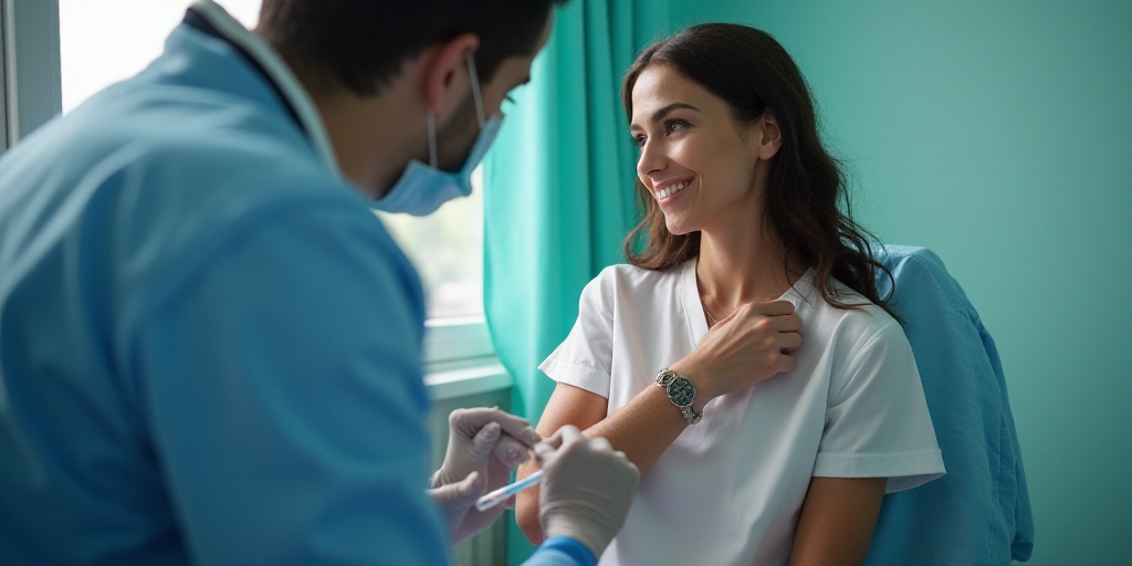 a woman getting a vaccium from a doctor in a hospital room with a needle in her arm, Évariste Vital