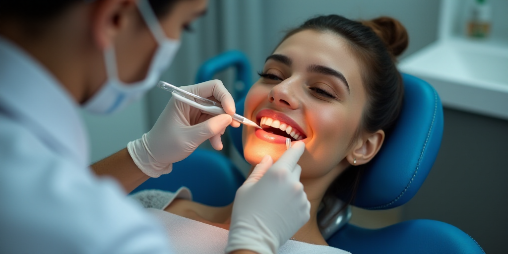 a woman getting her teeth checked by a dentist in a chair with a blue chair behind her and a person