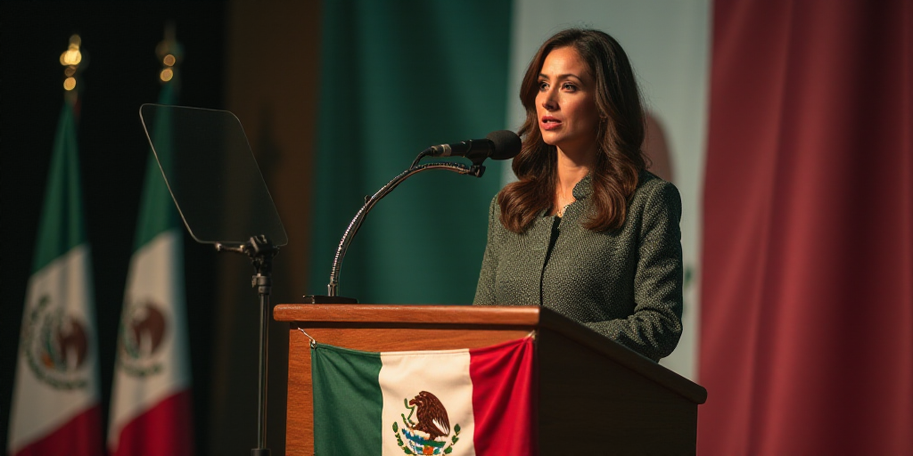 a woman giving a speech at a podium with a mexican flag on it and a mexican flag on the podium, Arac
