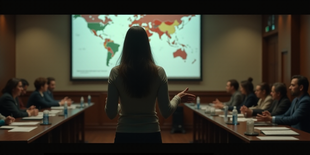 a woman giving a speech in front of a crowd of people at a conference hall with a chart on the wall,
