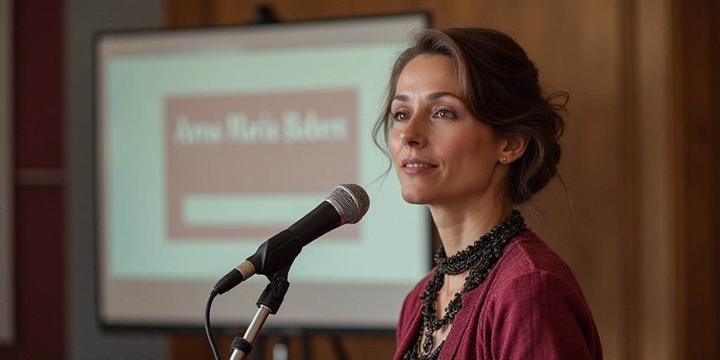 a woman giving a speech with a microphone in front of her and a sign behind her that says,, Anna Mar