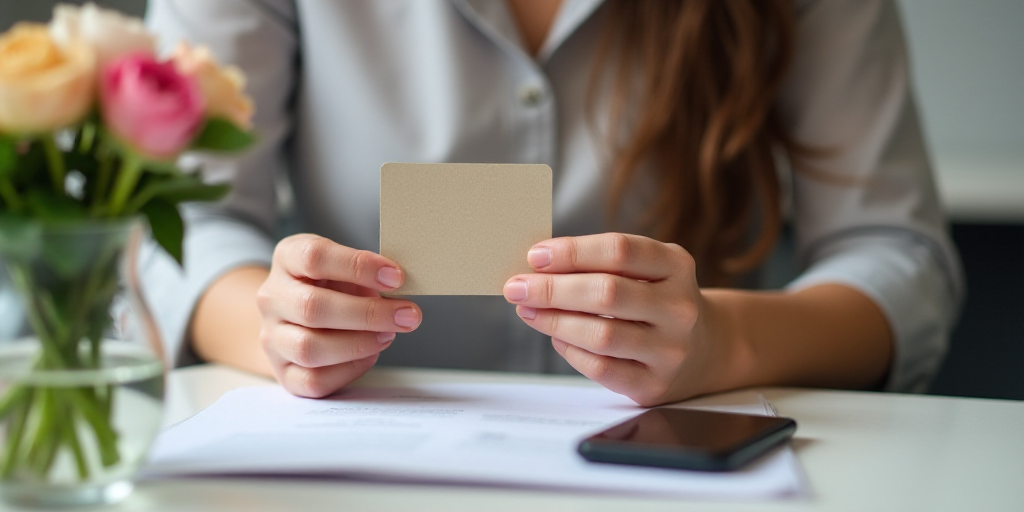 a woman holding a card and a cell phone on a desk with a flower arrangement in the background and a