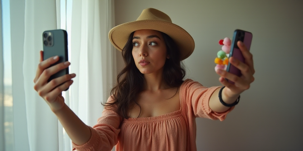 a woman holding a cell phone and a toy in her hand and a hat in her other hand and a cell phone in h