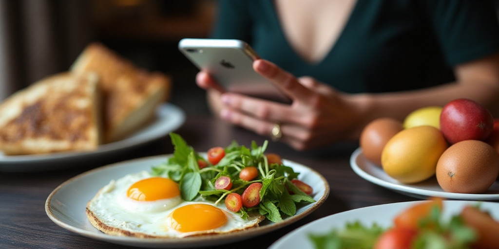a woman holding a cell phone next to a plate of food with eggs and a salad on it and a plate of eggs
