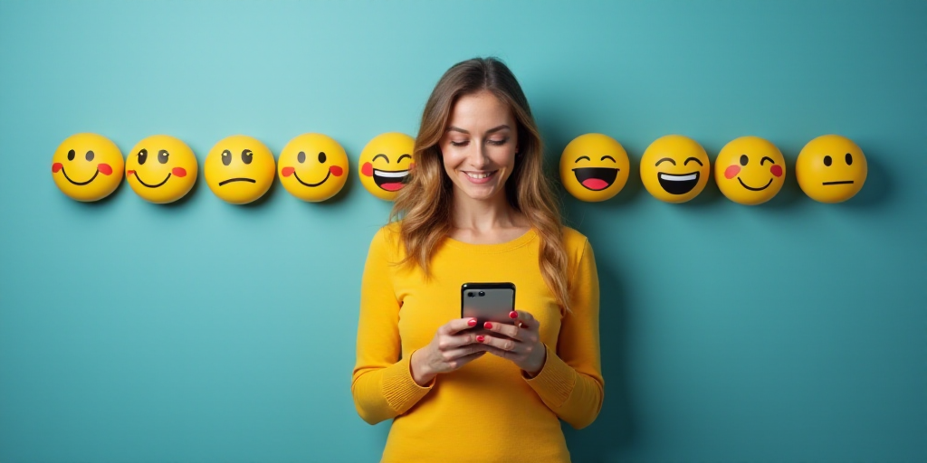 a woman holding a cell phone with a smiley face on it and a line of emoticions behind her, Andries S