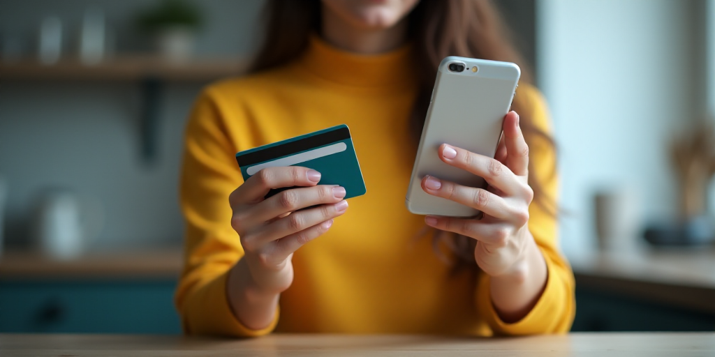 a woman holding a credit card and a cell phone in her hands while she is looking at her phone, Andri