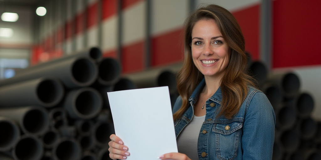 a woman holding a piece of paper in front of a pile of pipes and pipes in the background with a red
