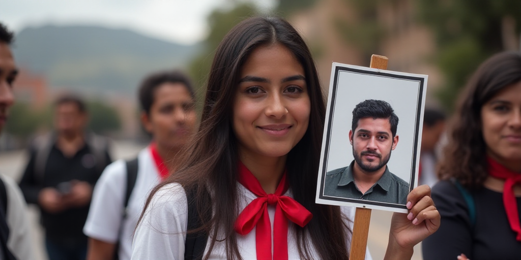 a woman holding a red ribbon and a sign with a picture of a man on it and a red ribbon around her ne