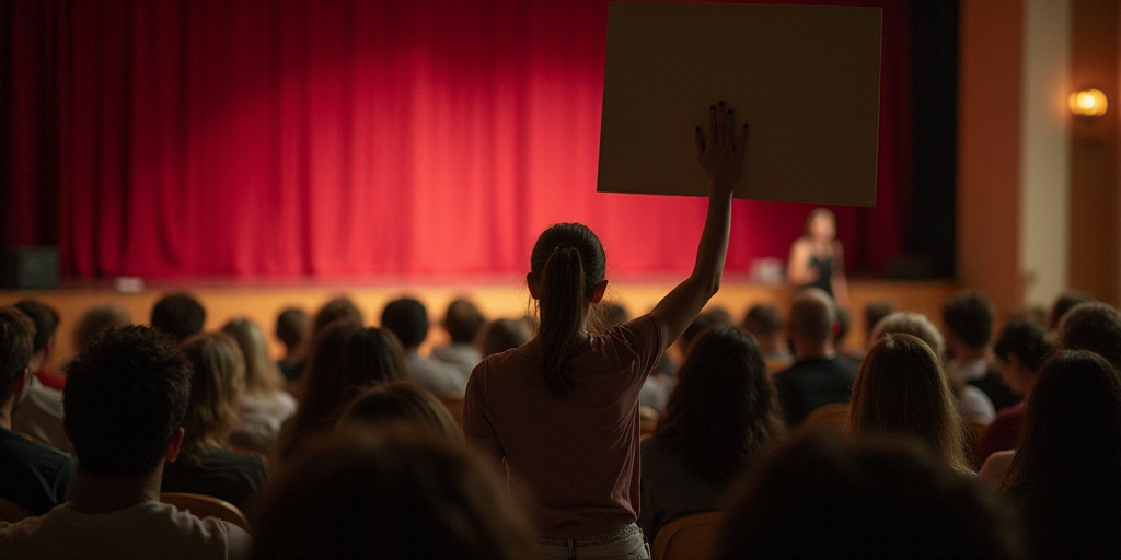 a woman holding a sign in a room full of people in chairs and a stage with a red curtain, Ada Gladys