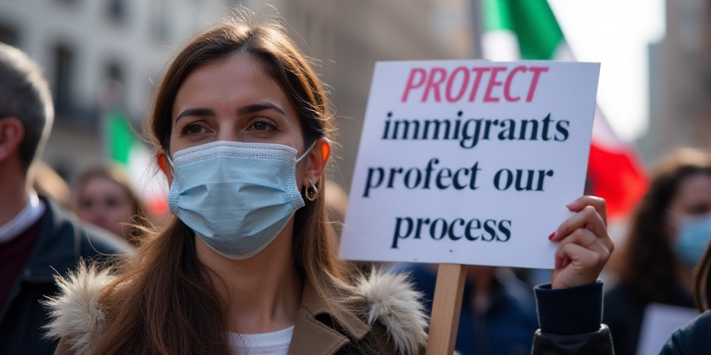 a woman holding a sign that says protect immigrants protect our process and a flag in the background