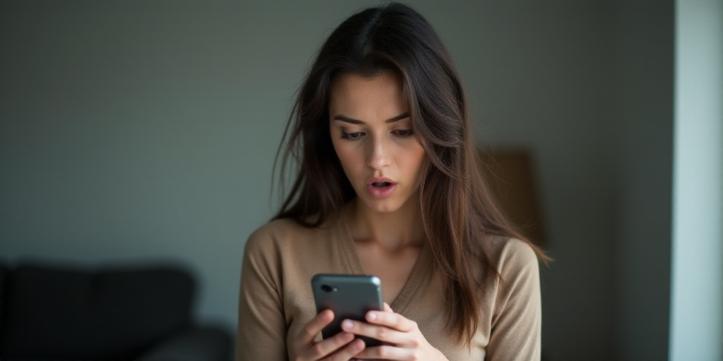 a woman holding a smart phone in her hands and looking at it with a surprised look on her face, Andr