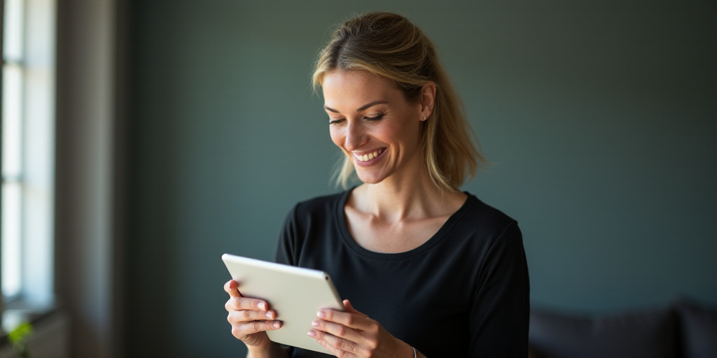 a woman holding a tablet computer in her hands and looking at it with a smile on her face and hands,