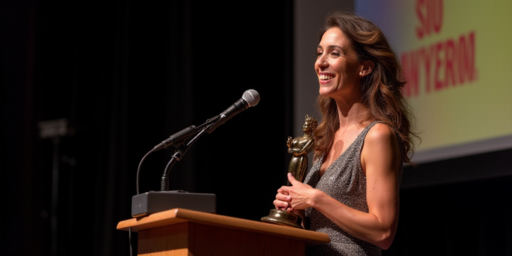 a woman holding a trophy in her hands at a podium with a microphone in front of her and a screen beh