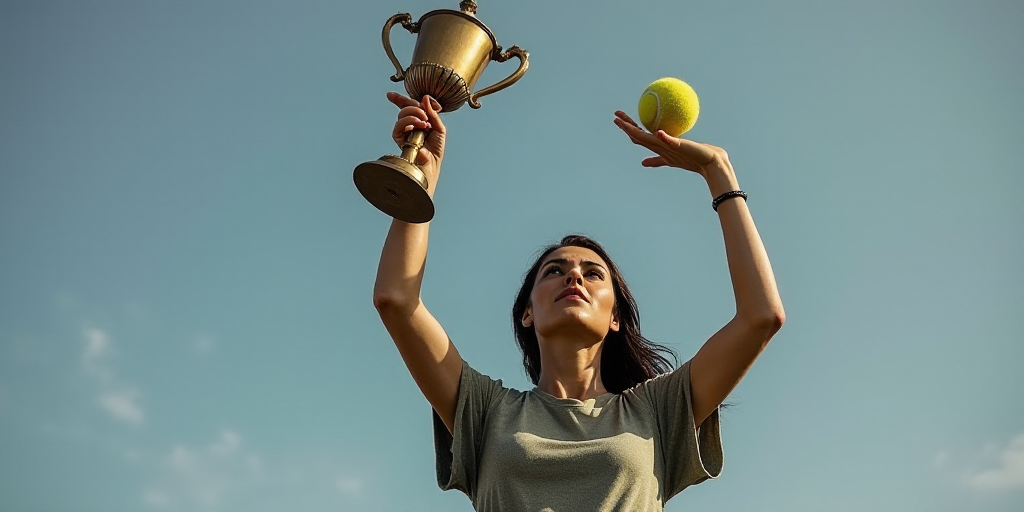 a woman holding a trophy up in the air with her hands in the air and a tennis ball in the air, Celia