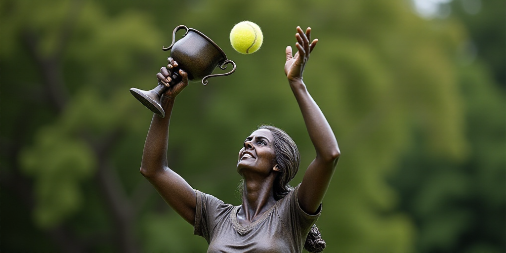 a woman holding a trophy up in the air with her hands in the air and a tennis ball in the air, Celia